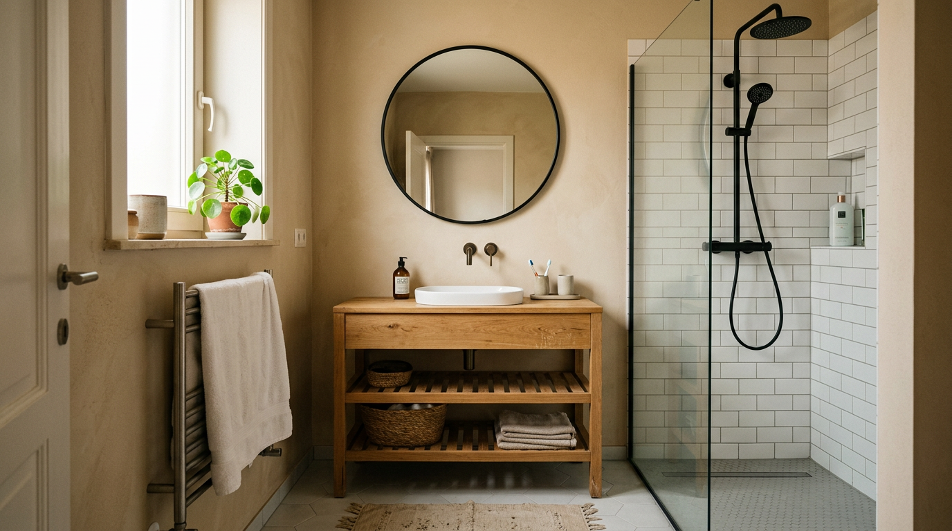 A warm, lived-in family bathroom with an oak vanity, plants and natural light